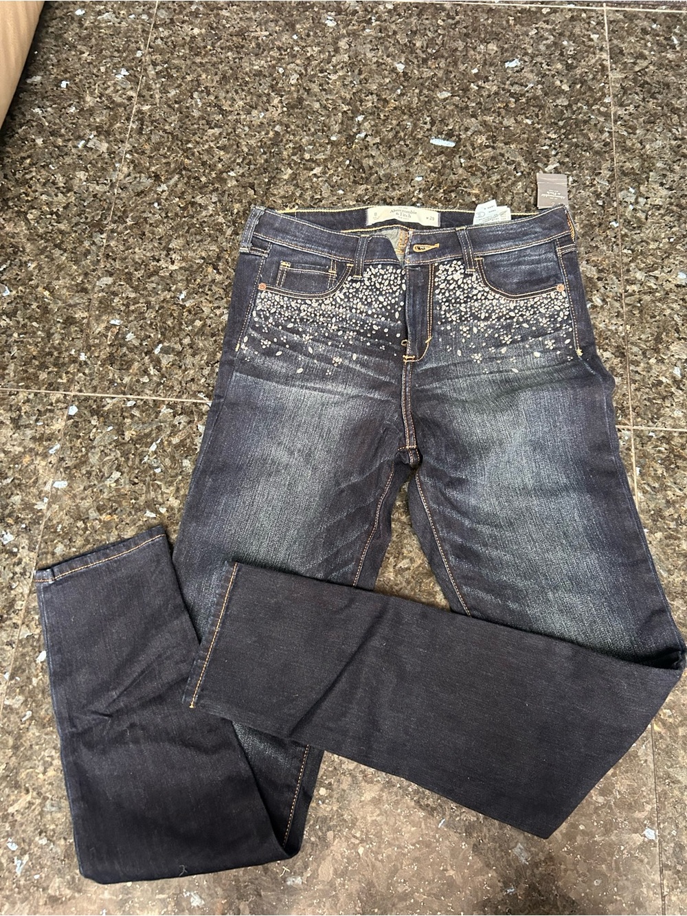 NWT Abercrombie & Fitch Dark Blue Skinny Jeans with Front Crystal Accents-$128